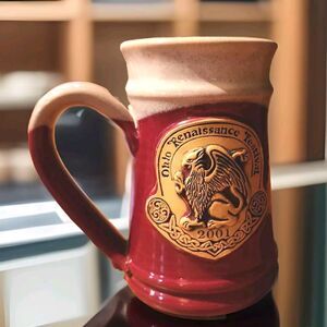 Ohio Renaissance Festival Mug 2001 Banner Oak Pottery Red & White Drip Glaze